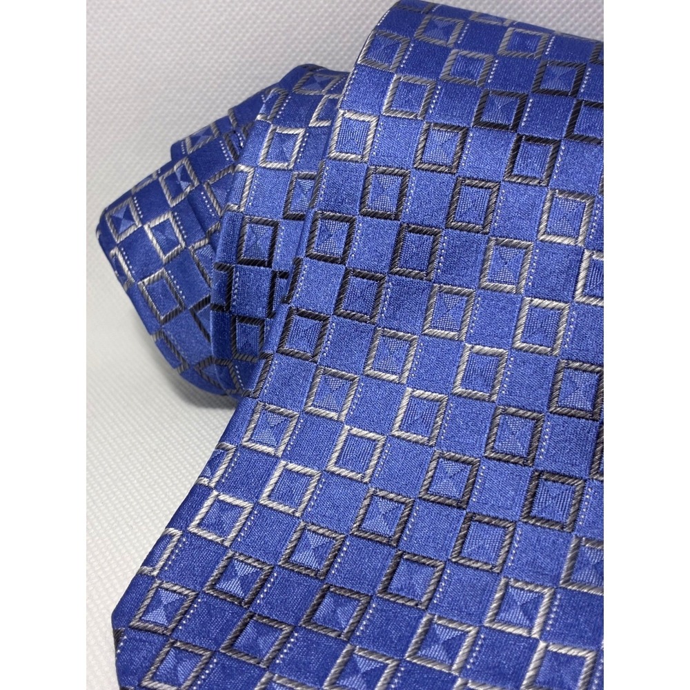 Van Heusen Mens Blue Silver Geometric Square Pattern Stain Resistant Silk Tie - Picture 2 of 6